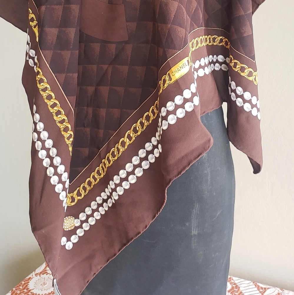 Chanel Brown & Gold Square Silk Scarf - Picture 7 of 9